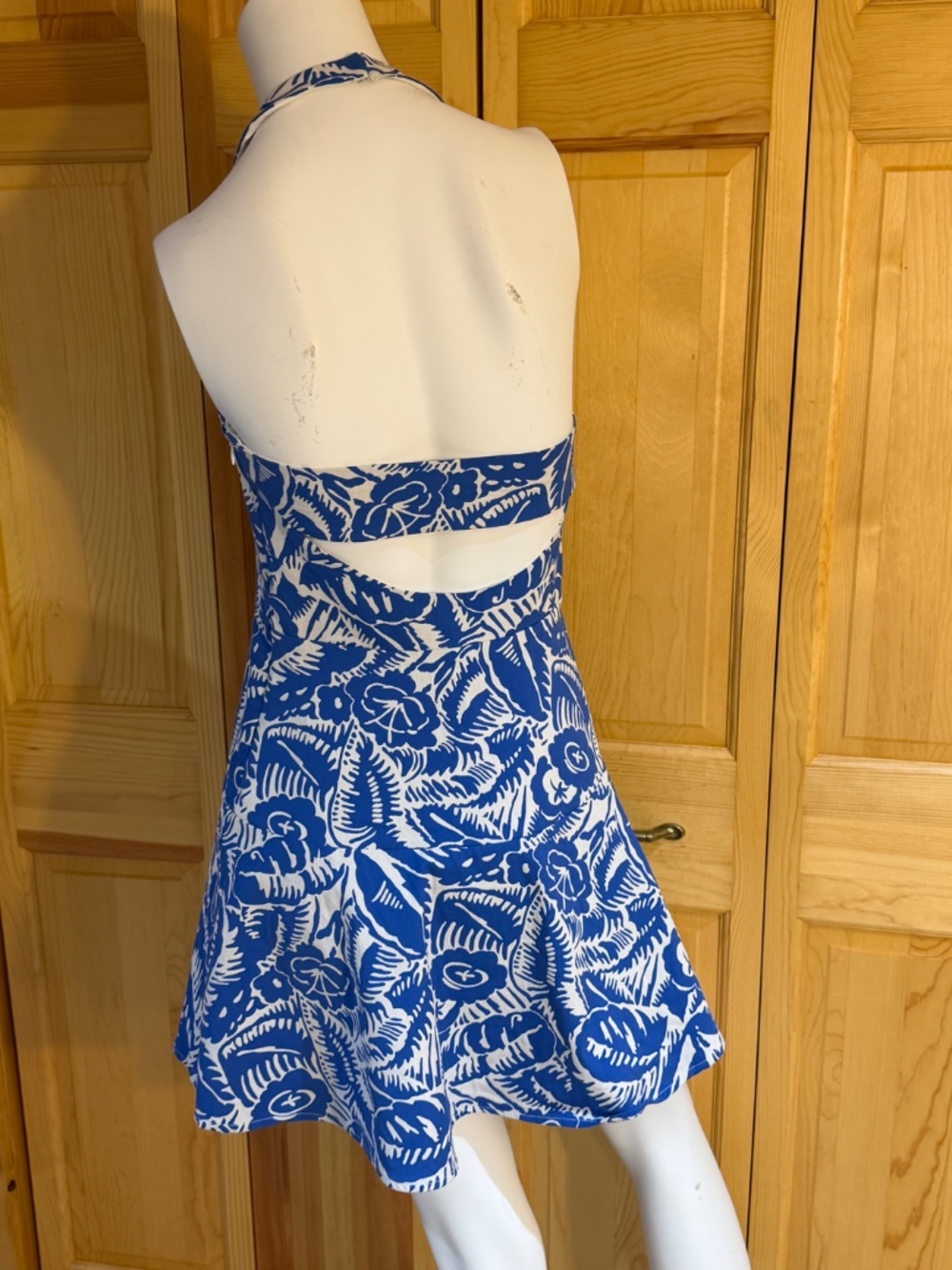PARKER blue / white tropical print ruffled halterneck mini dress S - Picture 2 of 4